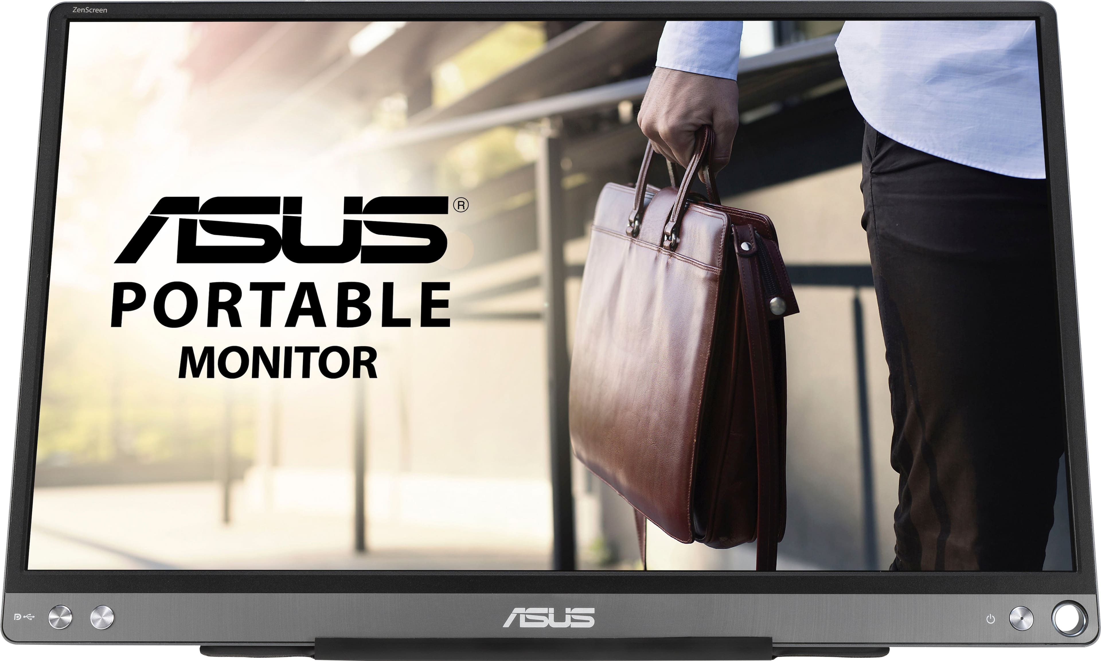 ASUS ZenScreen portable monitor displaying a high-definition image in a home office setup