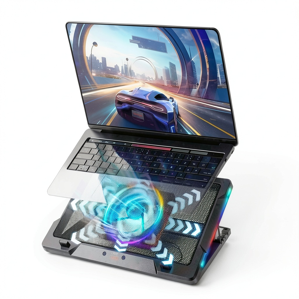 G-STORY laptop cooling pad in use on a gaming desk