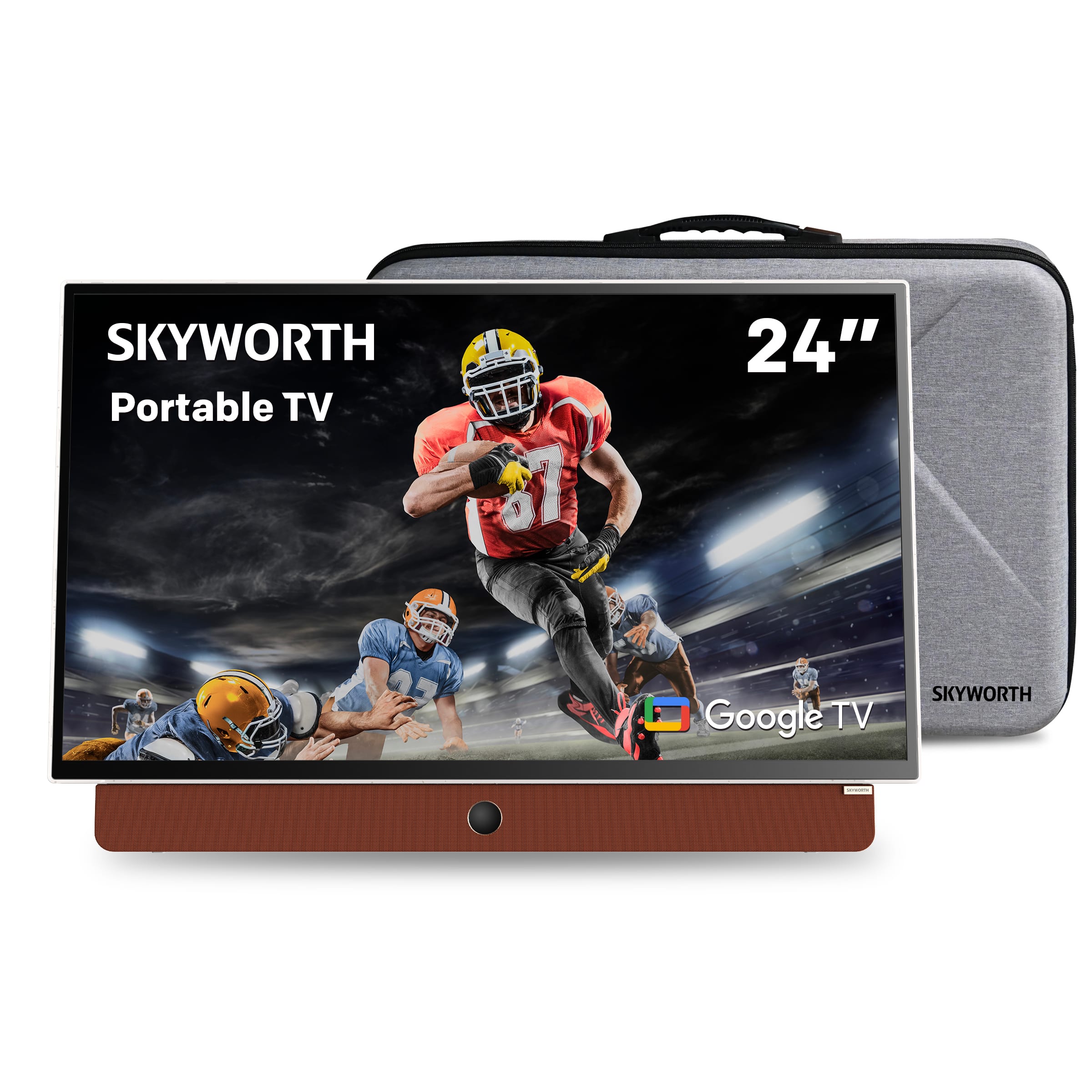SKYWORTH portable TV displaying content in an outdoor setting
