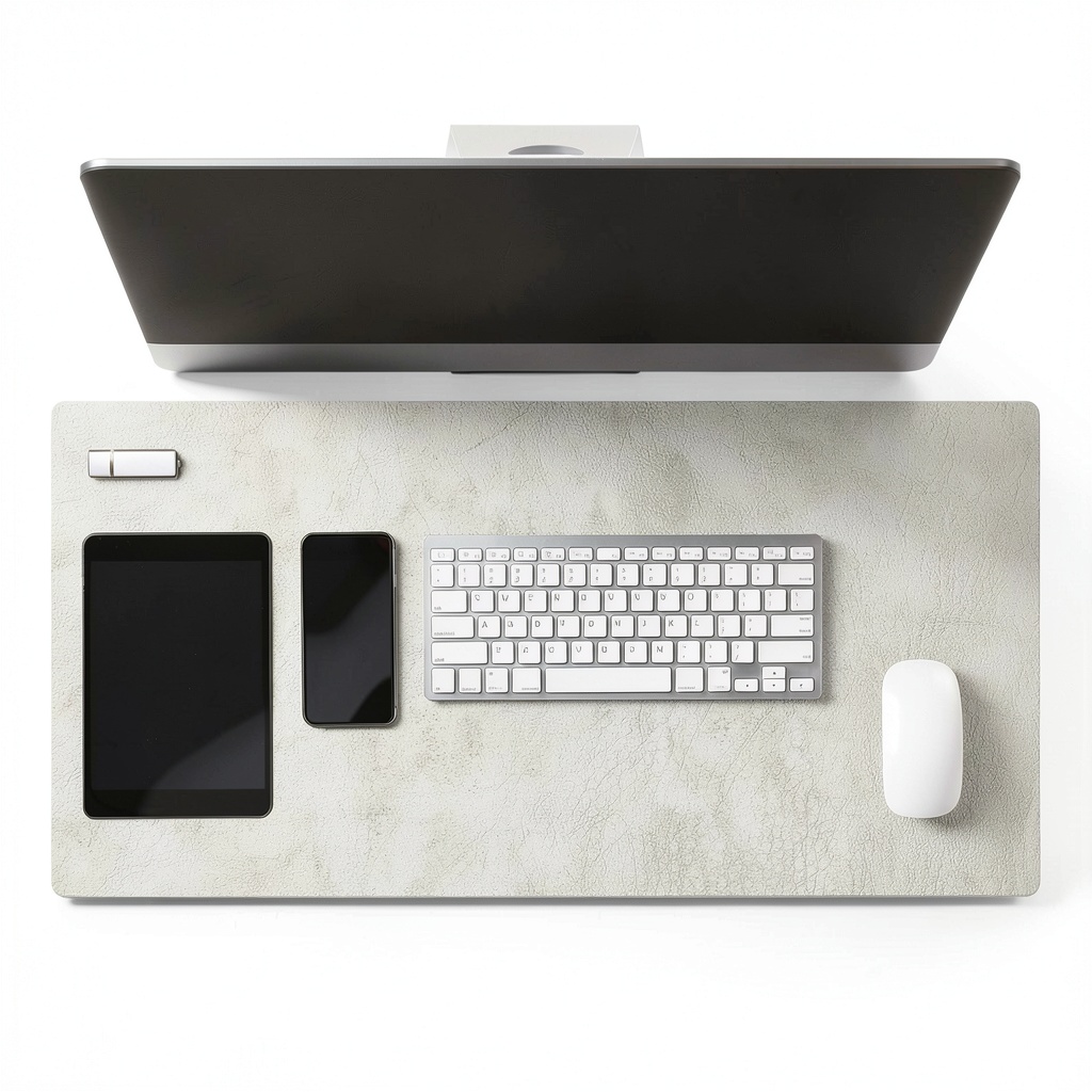 Leather desk pad protector on a home office desk with laptop and accessories