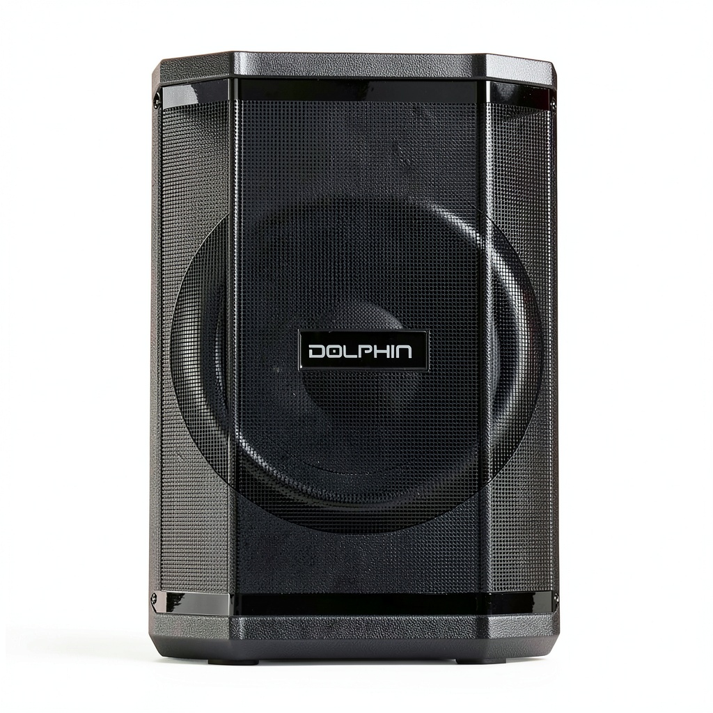 Dolphin Audio SP-880RBT speaker tilted on a table with LED lights active