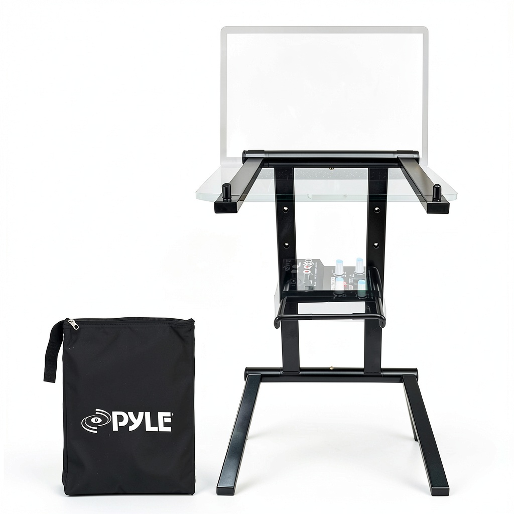 Pyle Laptop Stand set up with laptop and accessories on a desk
