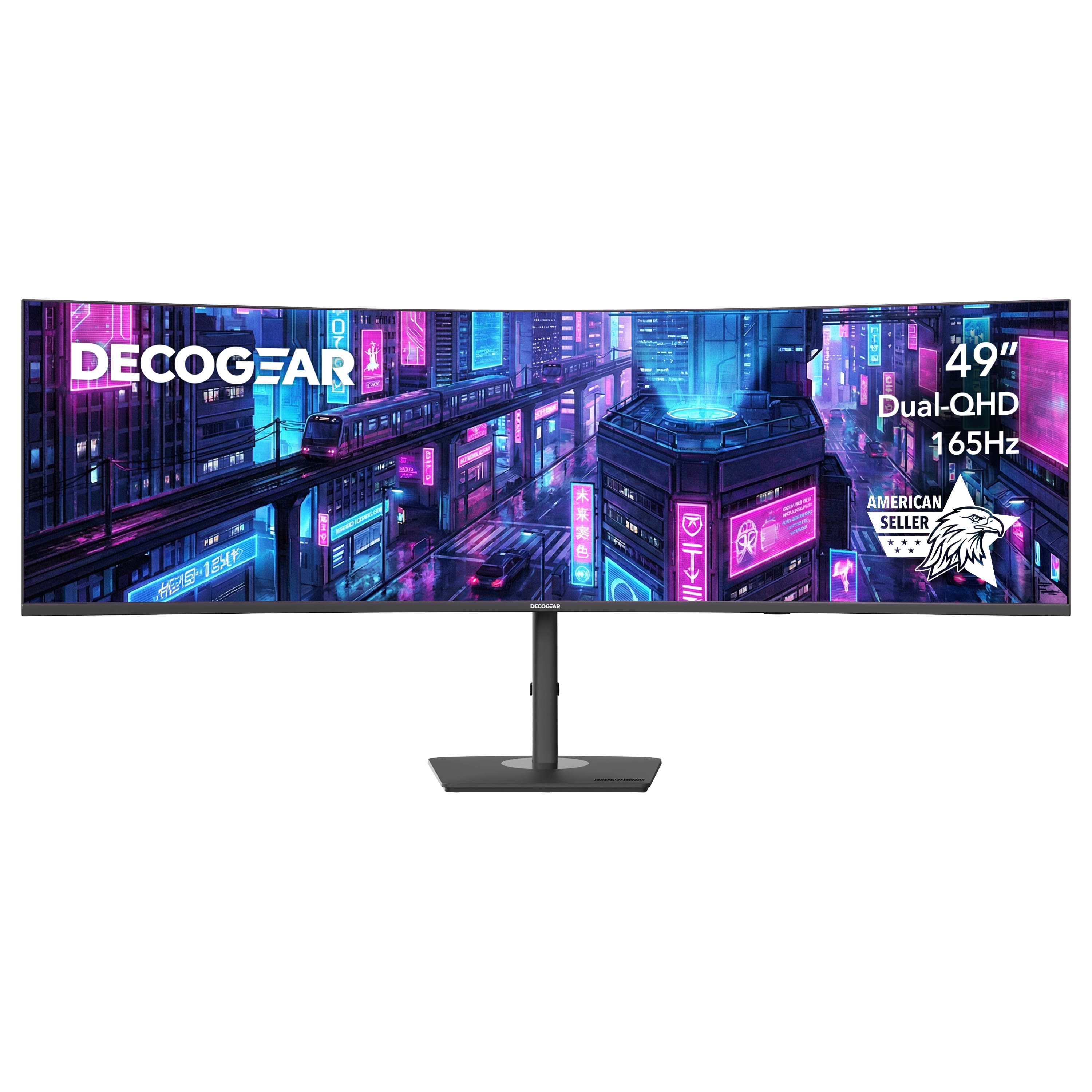 Deco Gear 49-inch curved ultrawide monitor displaying a vibrant gaming scene