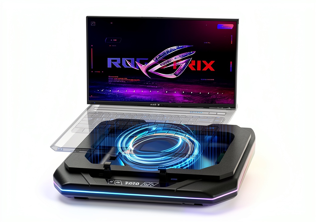 Gaming laptop cooling pad in use with RGB lighting on a desk