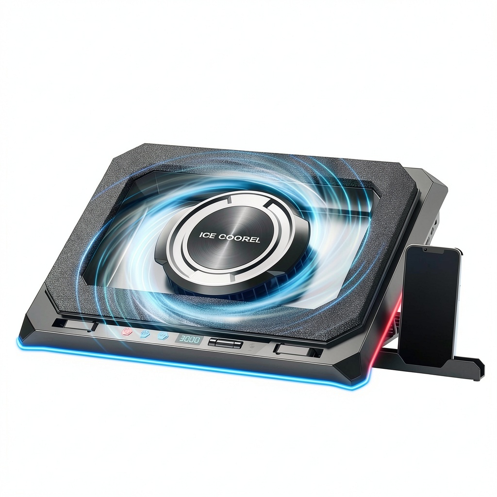 Gaming laptop cooling pad with RGB lighting in use