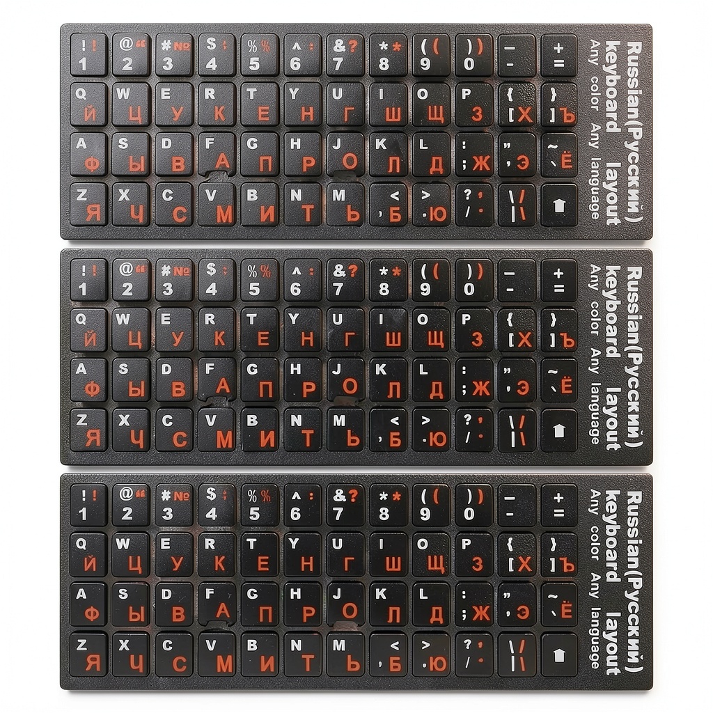 'Close-up of Russian keyboard stickers on a laptop keyboard'