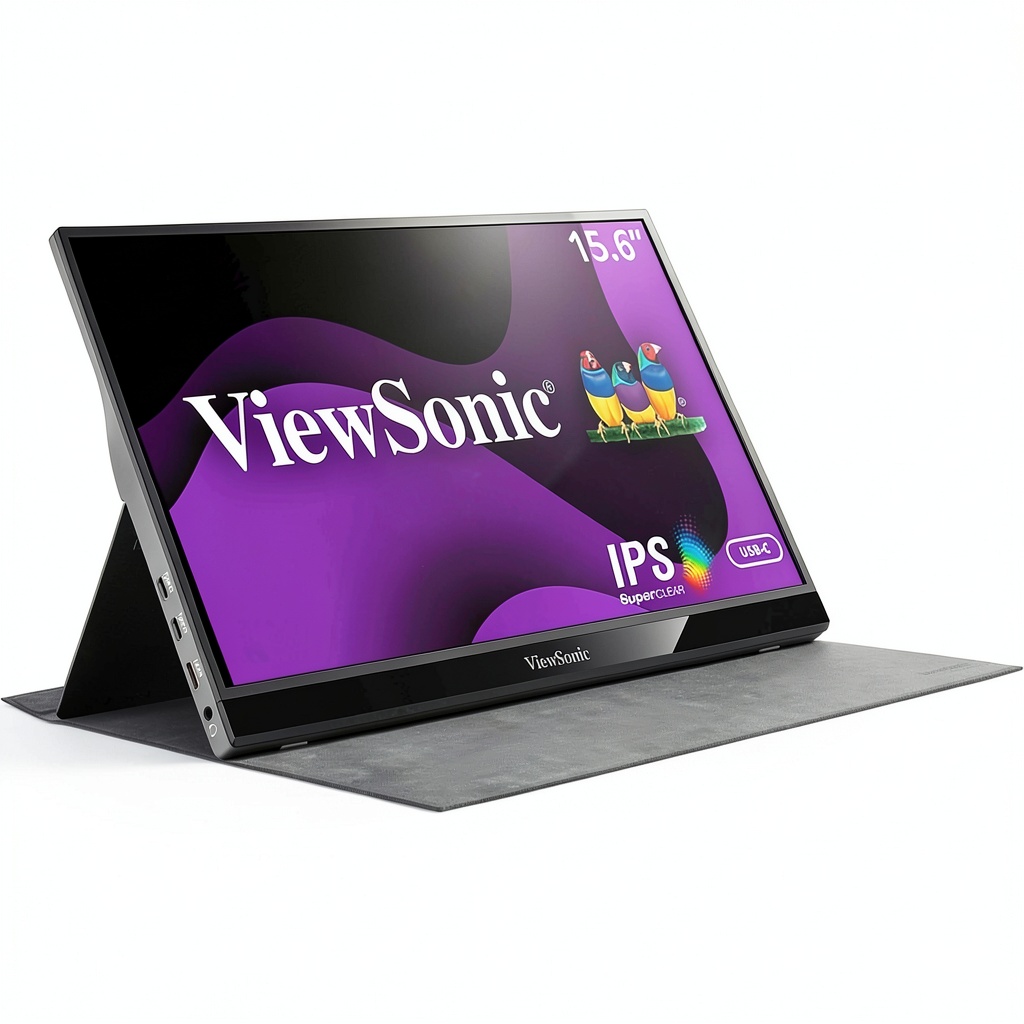 ViewSonic VG1655 portable monitor displaying a vibrant desktop setup