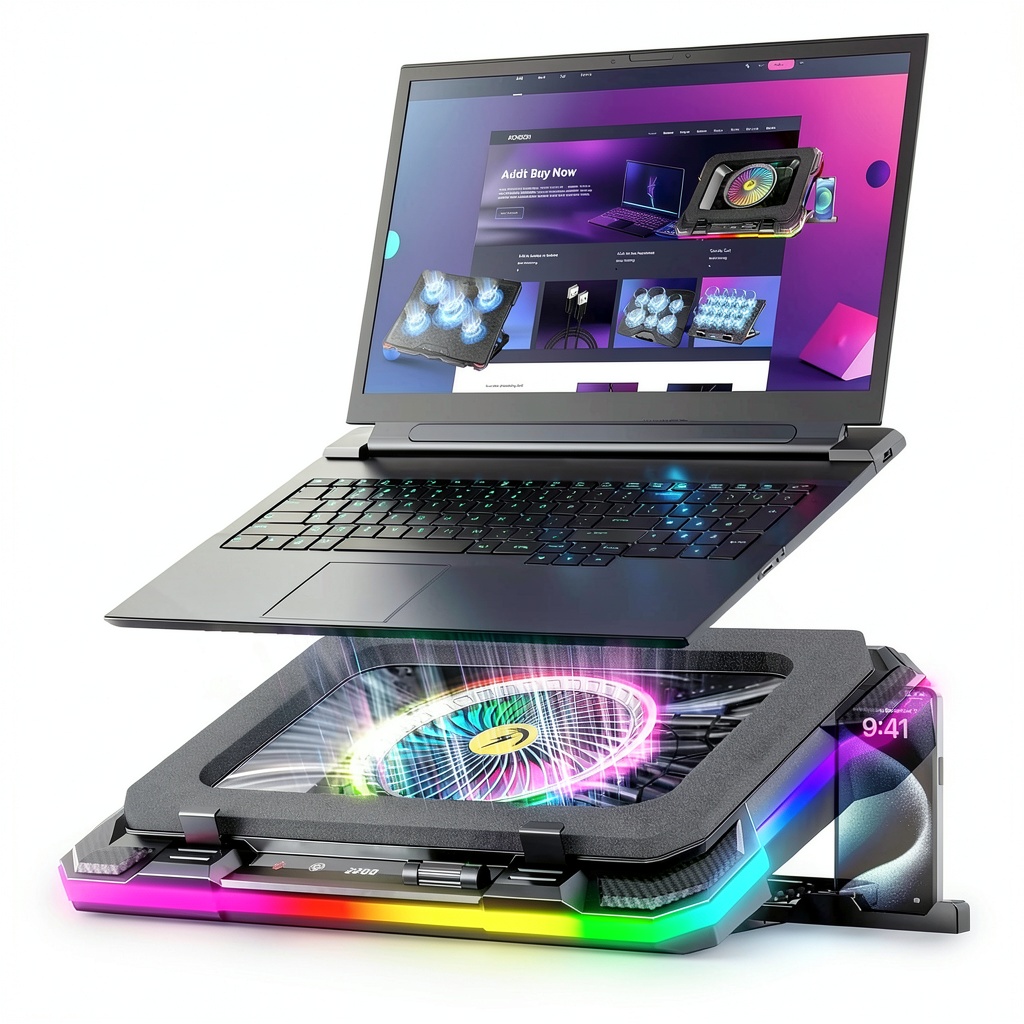 Installing Gaming Laptop Cooling Pad RGB Lighting Ergonomic Stand on a wooden desk