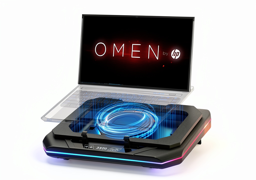 Gaming laptop cooling pad in use with RGB lights on a desk