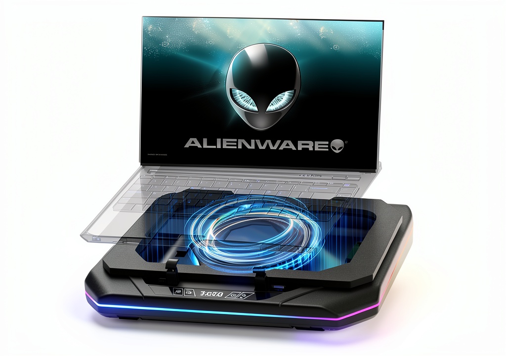 Gaming laptop cooling pad in use with RGB lighting