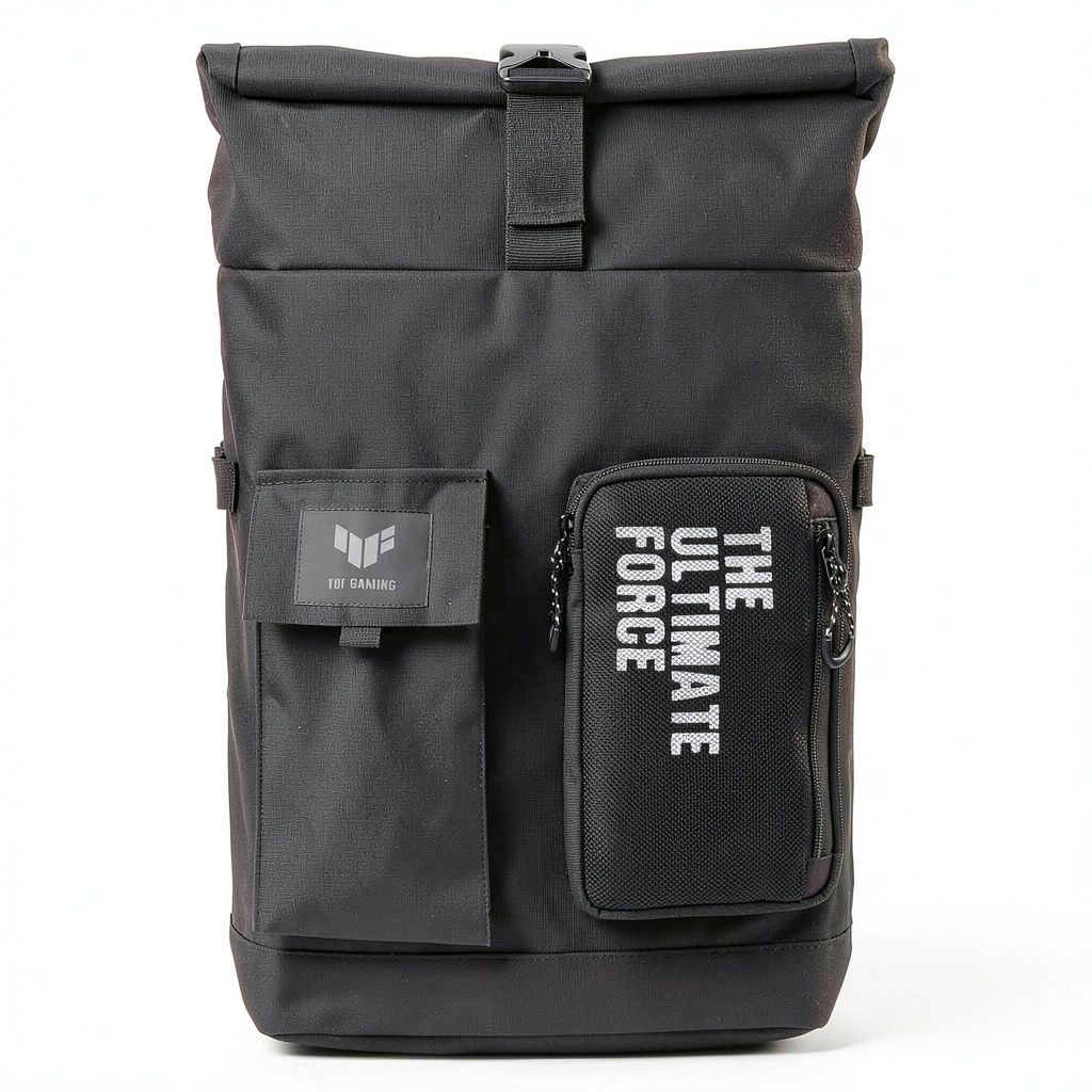ASUS TUF Gaming Backpack showing 17-inch laptop compartment and front pockets
