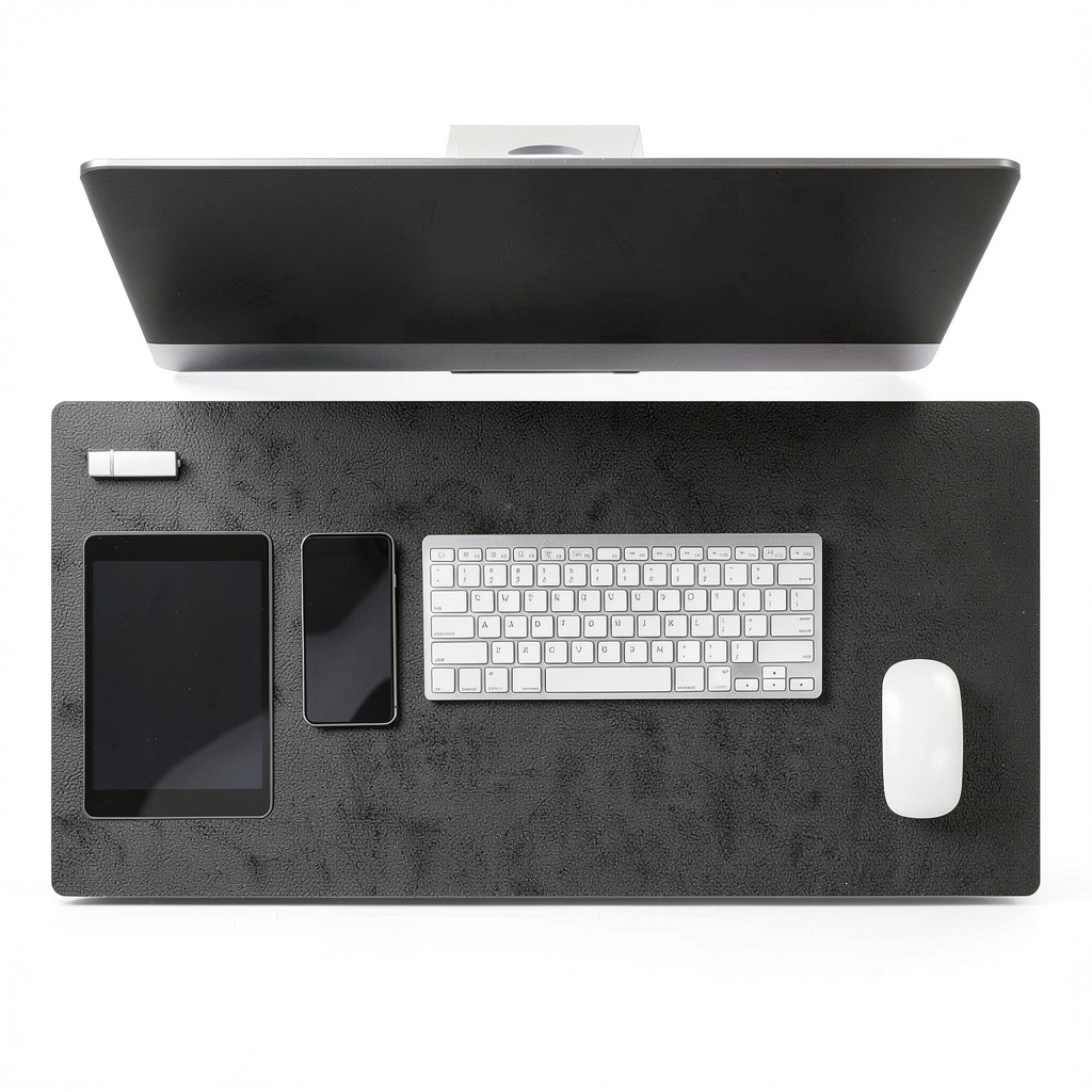 Felt desk pad protector in use on a home office desk