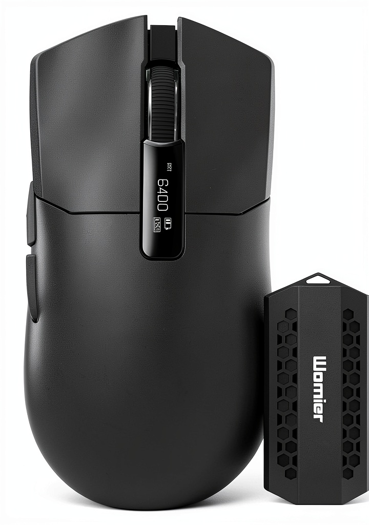 Womier G59 wireless gaming mouse with RGB lighting on a gaming desk